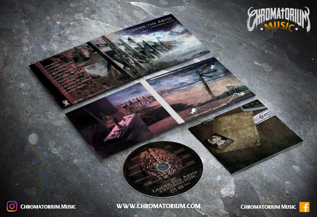 artwork-album-metal-thrash-under-the-abyss-a-wavering-path-chromatorium-music-graphiste-design artwork complet illustration de l'ensemble du groupe de metal death thrash under the abyss pour l'album a wavering path fait par le chromatorium