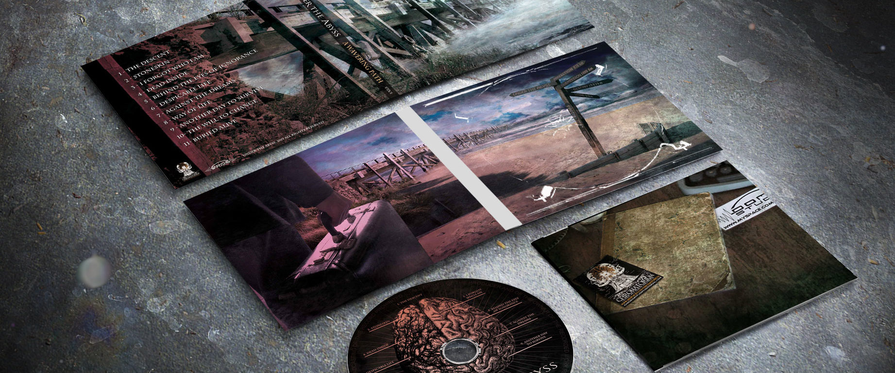 artwork complet illustration de l'ensemble du groupe de metal death thrash under the abyss pour l'album a wavering path fait par le chromatorium