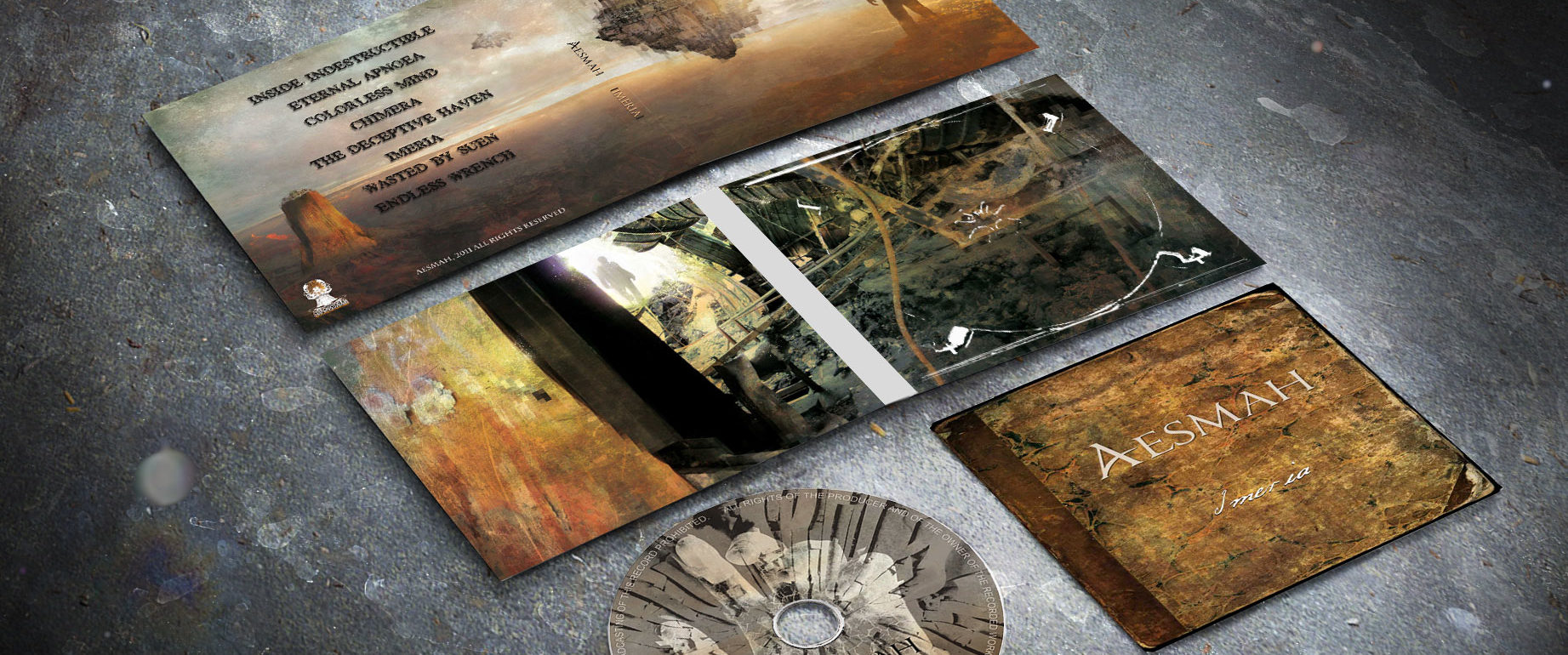 artwork complet illustration de l'ensemble du groupe de metal death melodic aesmah pour l'album imeria fait par le chromatorium