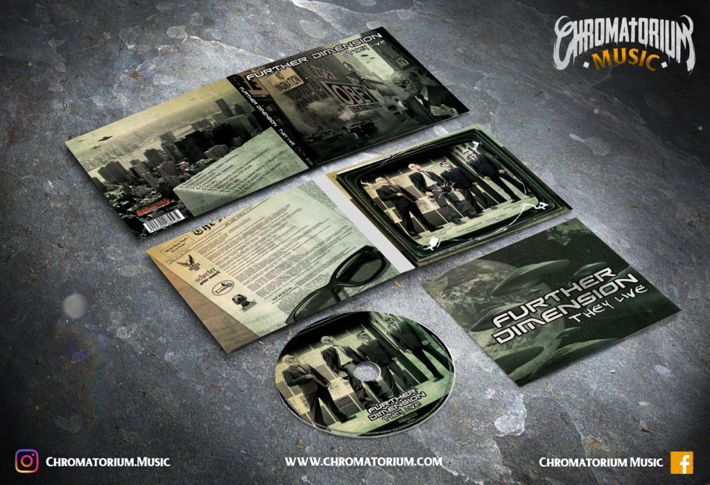 artwork-album-metal-death-thrash-heavy-further-dimension-they-live-chromatorium-music-graphiste-design artwork complet illustration de l'ensemble du groupe de metal death thrash heavy further dimension pour l'album they live fait par le chromatorium