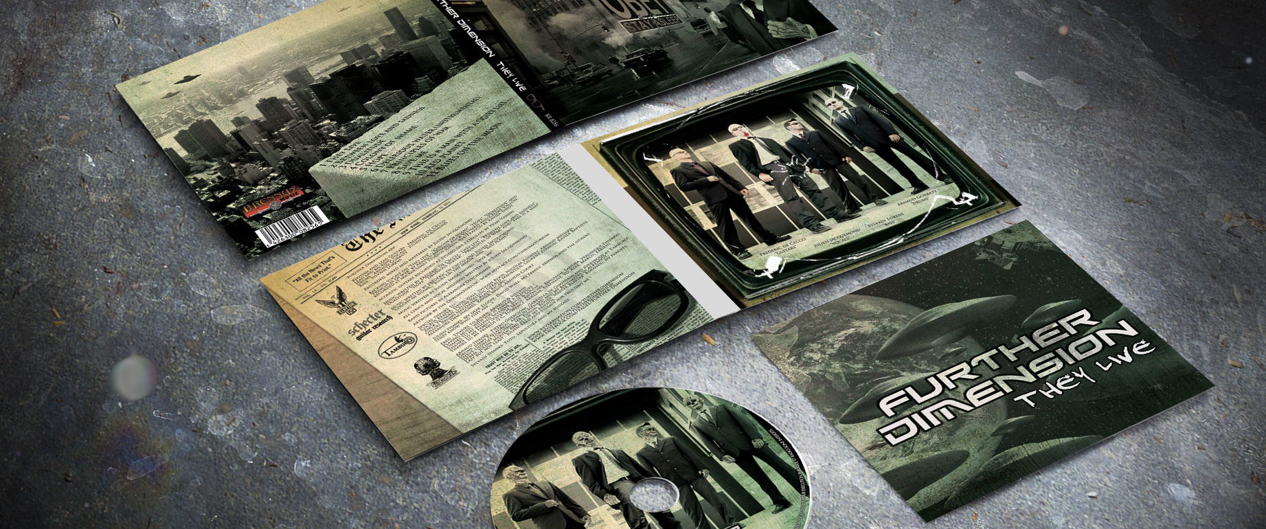 artwork complet illustration de l'ensemble du groupe de metal death thrash heavy further dimension pour l'album they live fait par le chromatorium