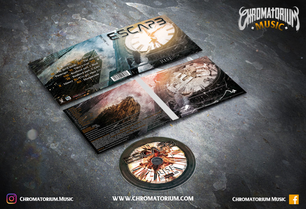 artwork-album-metal-rock-escape-rise-chromatorium-music-graphiste-design artwork complet illustration de l'ensemble du groupe de metal rock escape pour l'album rise fait par le chromatorium