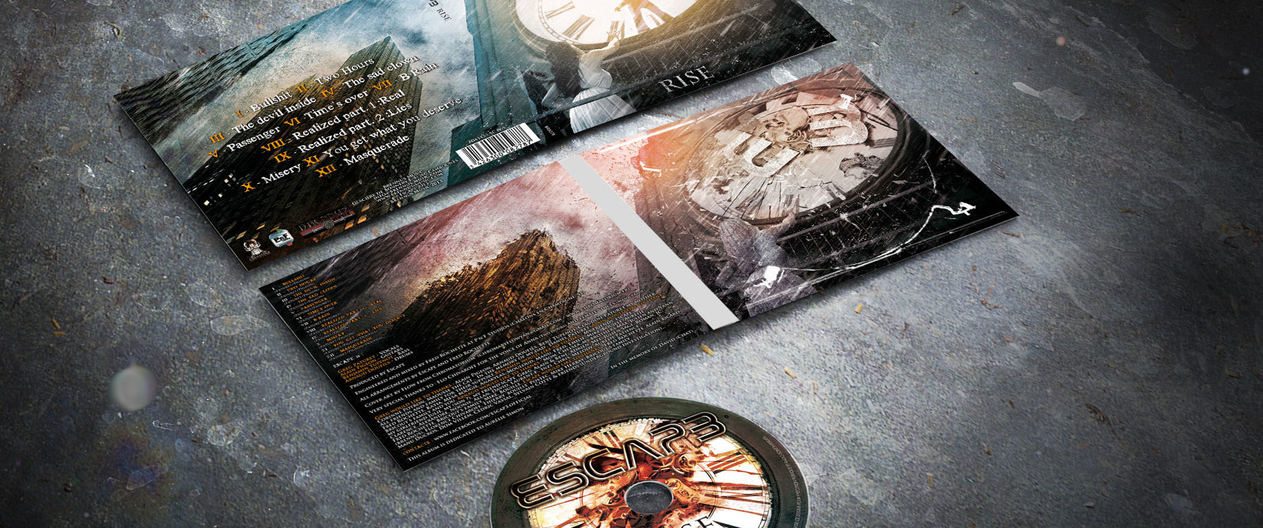 artwork complet illustration de l'ensemble du groupe de metal rock escape pour l'album rise fait par le chromatorium
