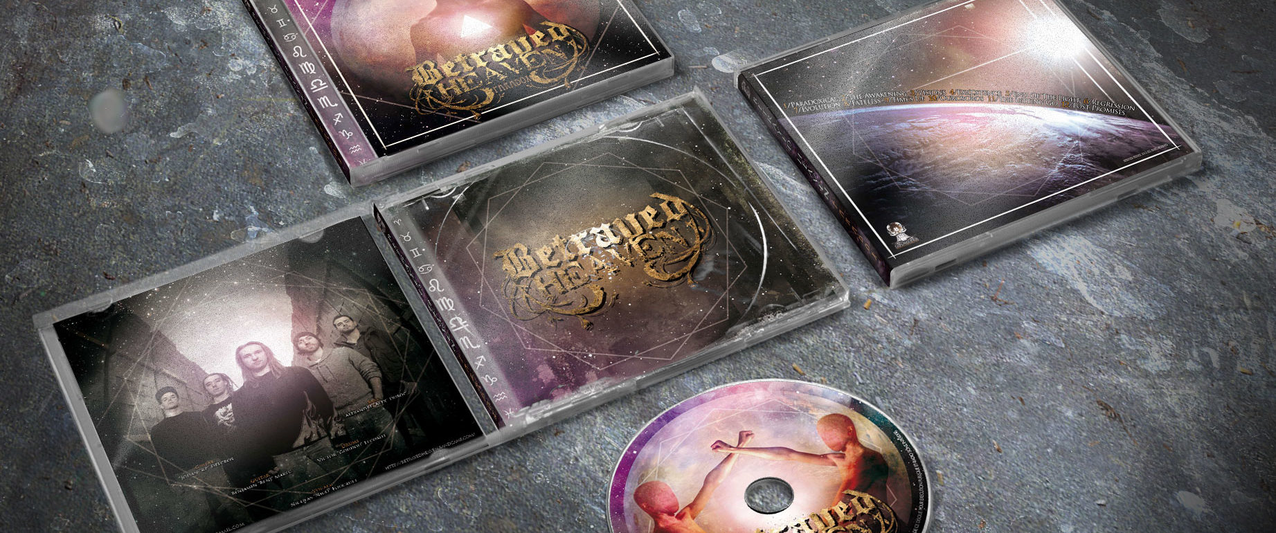 artwork complet illustration de l'ensemble du groupe de metal death djent betrayed heaven pour l'album paradox fait par le chromatorium
