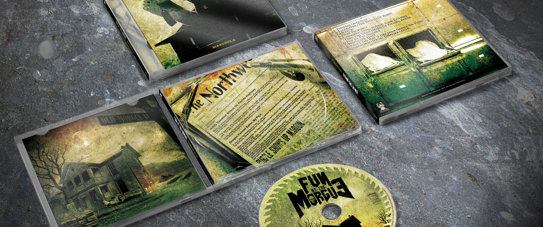 artwork complet illustration de l'ensemble du groupe de metal death hardcore fun at the morgue pour l'album massoula fait par le chromatorium