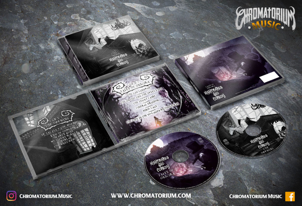 artwork-album-metal-theatral-nightmares-&-comedy-opening-chromatorium-music-graphiste-design artwork complet illustration de l'ensemble du groupe de metal theatral nightmares & comedy pour l'album the opening fait par le chromatorium