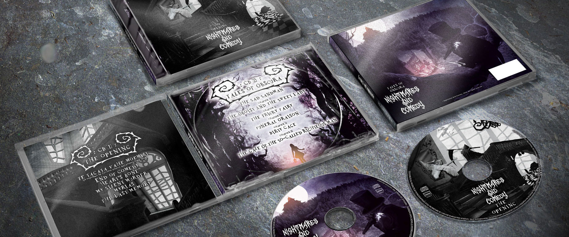 artwork complet illustration de l'ensemble du groupe de metal theatral nightmares & comedy pour l'album the opening fait par le chromatorium