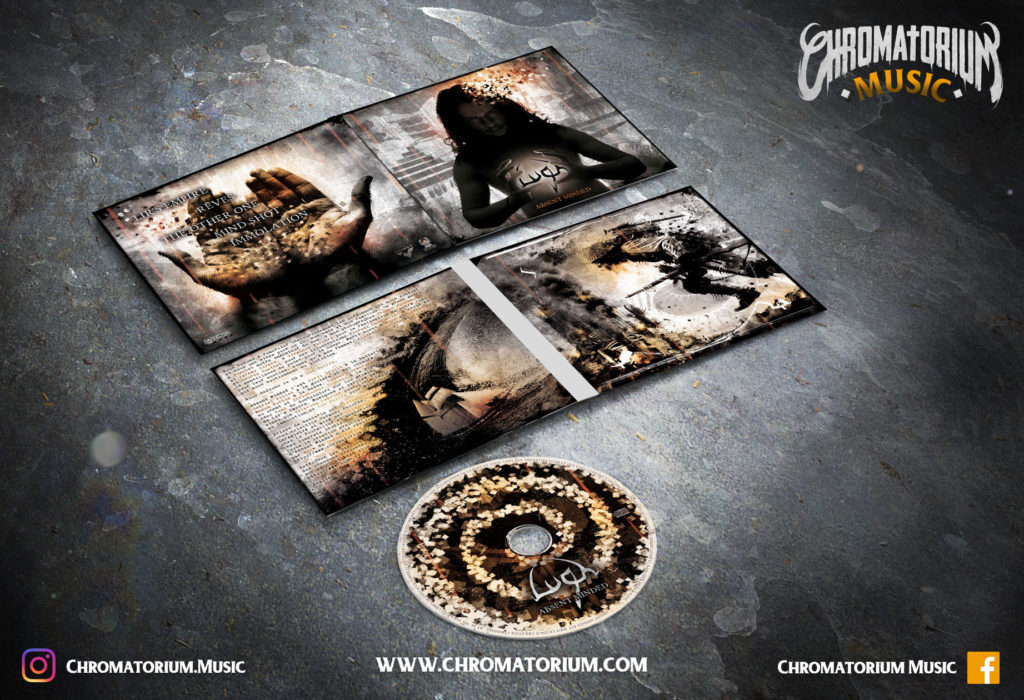 artwork-album-metal-theatral-lugh-absent-minded-chromatorium-music-graphiste-design artwork complet illustration de l'ensemble du groupe de metal theatral lugh pour l'album absent minded fait par le chromatorium