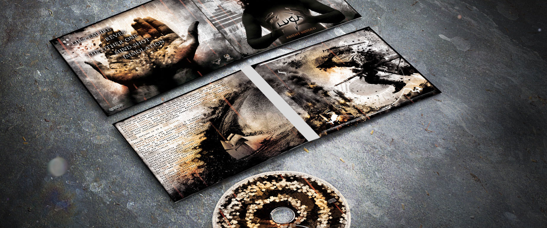 artwork complet illustration de l'ensemble du groupe de metal theatral lugh pour l'album absent minded fait par le chromatorium