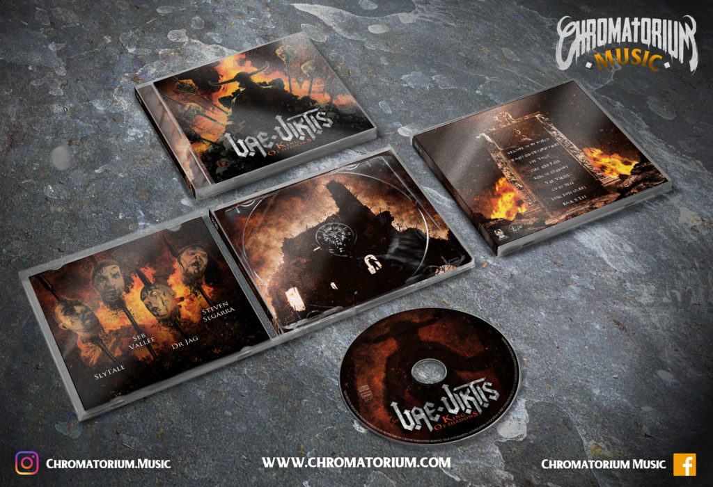 artwork-album-metal-heavy-vae-viktis-king-of-shadows-chromatorium-music-graphiste-design artwork complet illustration de l'ensemble du groupe de metal heavy vae viktis pour l'album king of shadows fait par le chromatorium