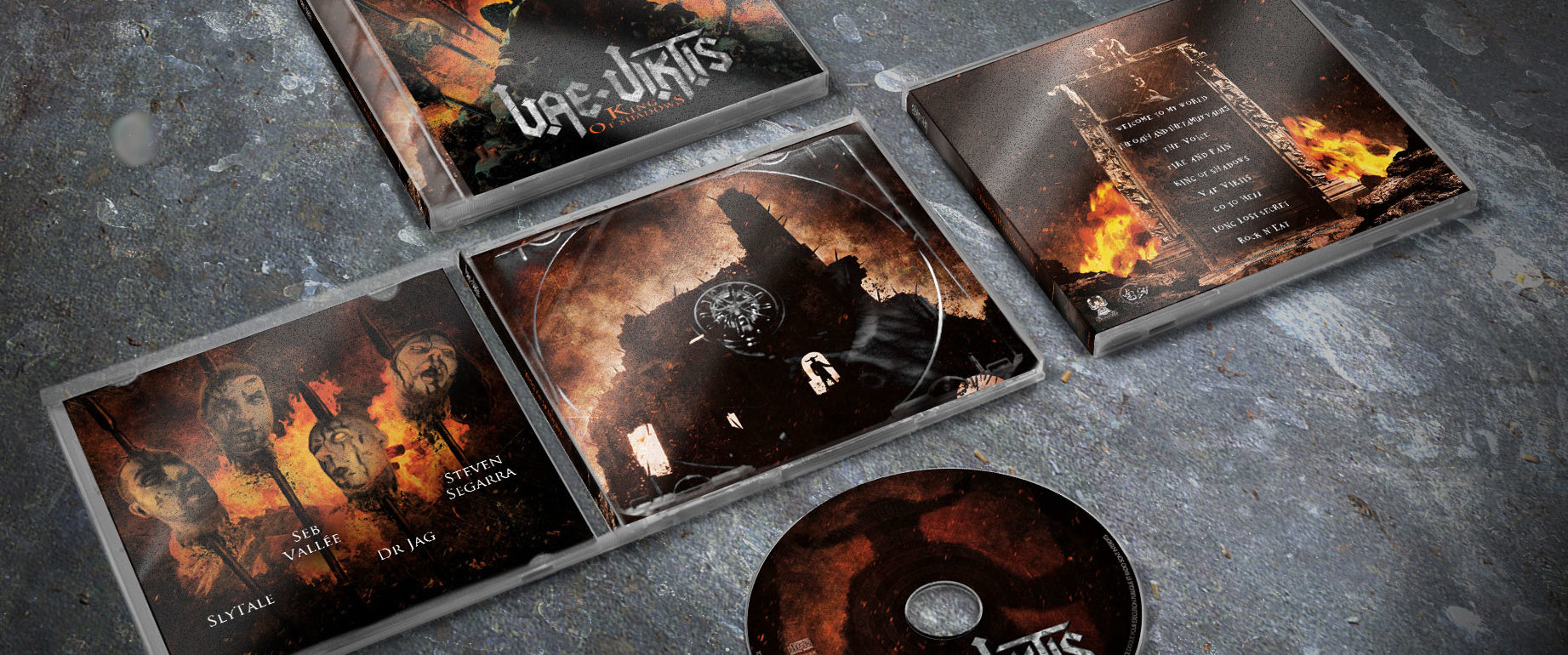 artwork complet illustration de l'ensemble du groupe de metal heavy vae viktis pour l'album king of shadows fait par le chromatorium