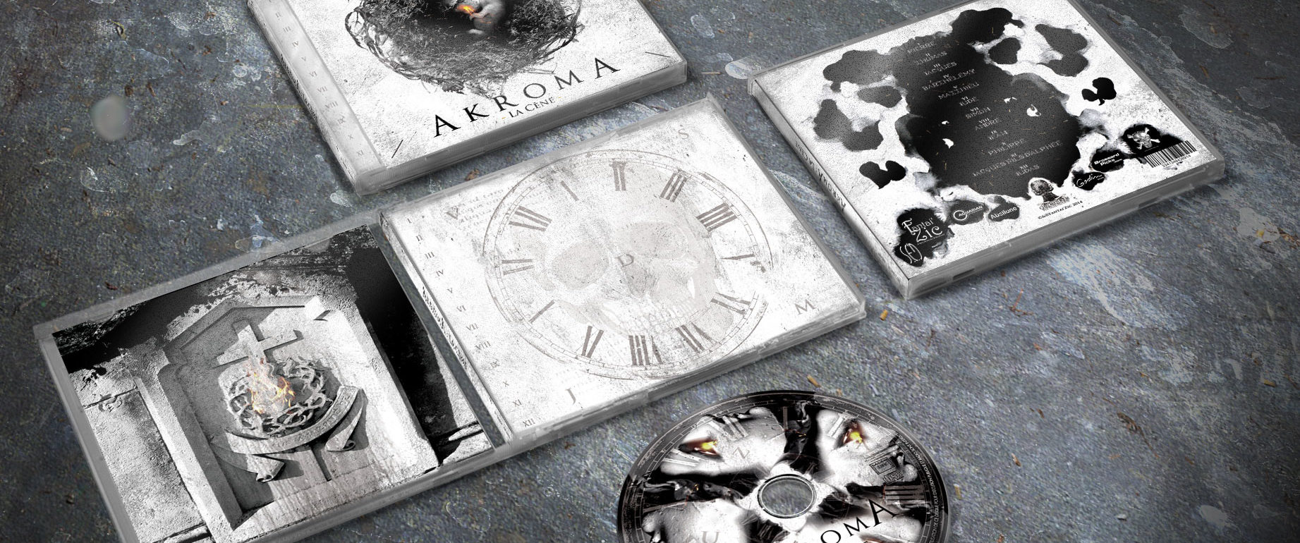 artwork complet illustration de l'ensemble du groupe de metal black akroma pour l'album la cène fait par le chromatorium