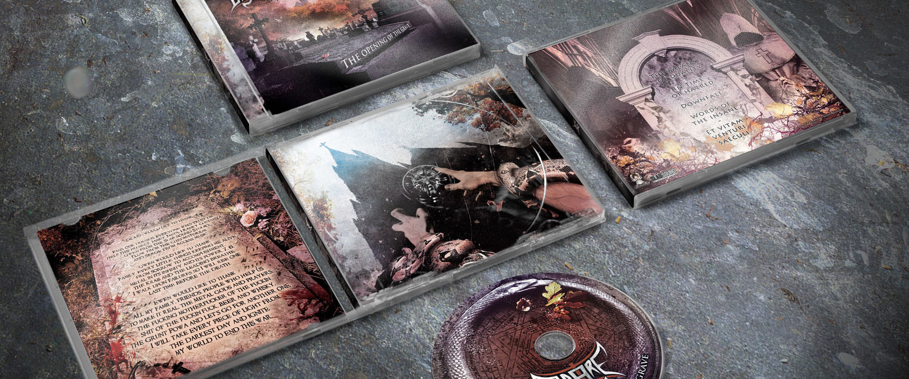 artwork complet illustration de l'ensemble du groupe de metal death black deare pour l'album the opening of the grave fait par le chromatorium