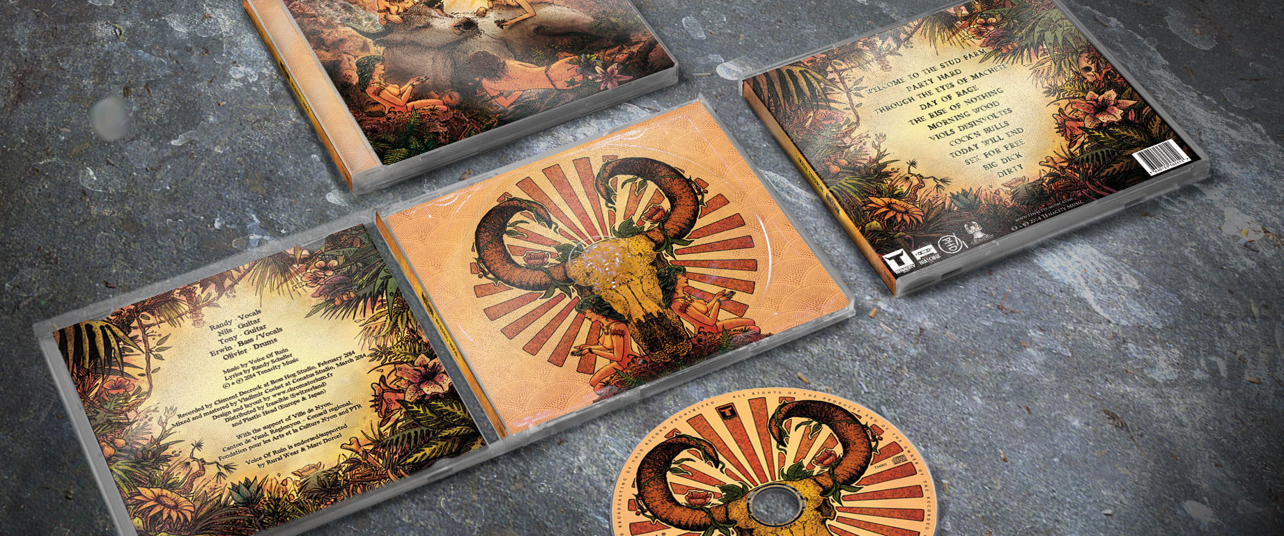 artwork complet illustration de l'ensemble du groupe de metal death melodic thrash voice of ruin pour l'album morning wood fait par le chromatorium