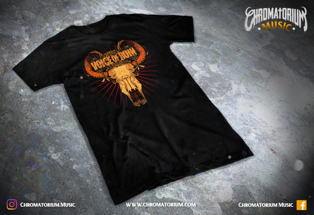 artwork-merch-metal-melodic-death-thrash-voice-of-ruin-chromatorium-music-graphiste-design merchandising clothing du t-shirt noir du groupe de metal melodic death thrash voice of ruin pour l'album morning wood fait par le chromatorium