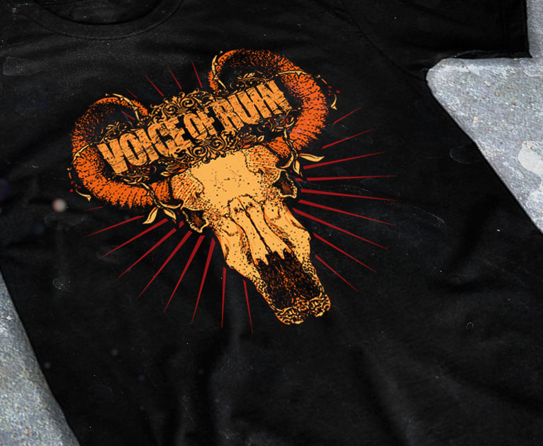 artwork-merch-metal-melodic-death-thrash-voice-of-ruin-chromatorium-music-graphiste-design merchandising clothing du t-shirt noir du groupe de metal melodic death thrash voice of ruin pour l'album morning wood fait par le chromatorium