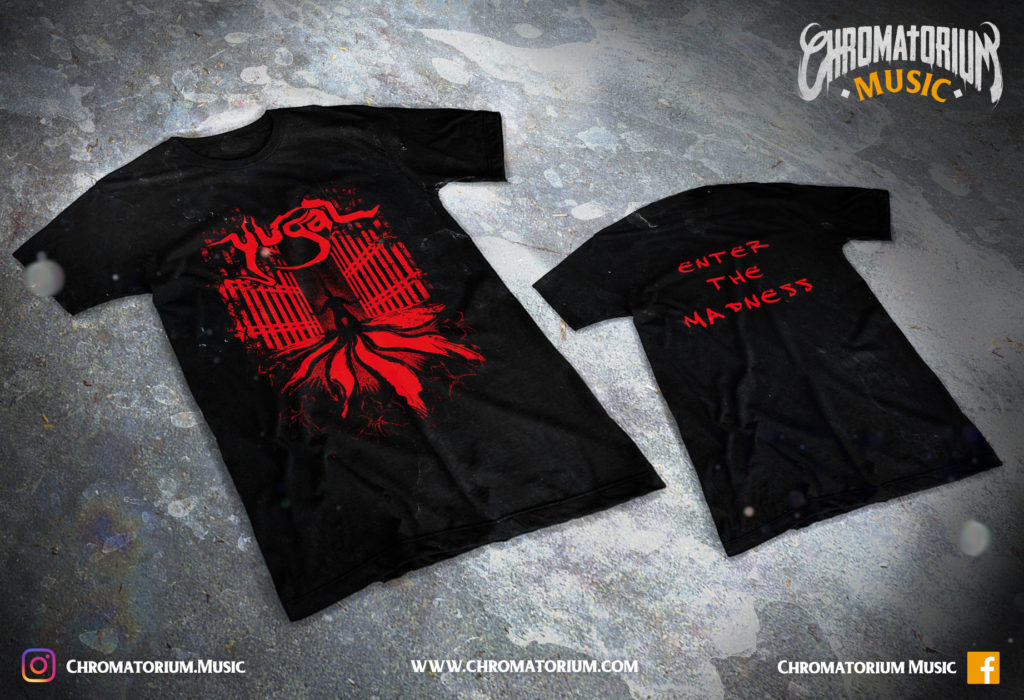 artwork-merch-metal-death-thrash-hardcore-yugal-chromatorium-music-graphiste-design merchandising clothing du t-shirt noir du groupe de metal thrash hardcore yugal pour l'album fait par le chromatorium