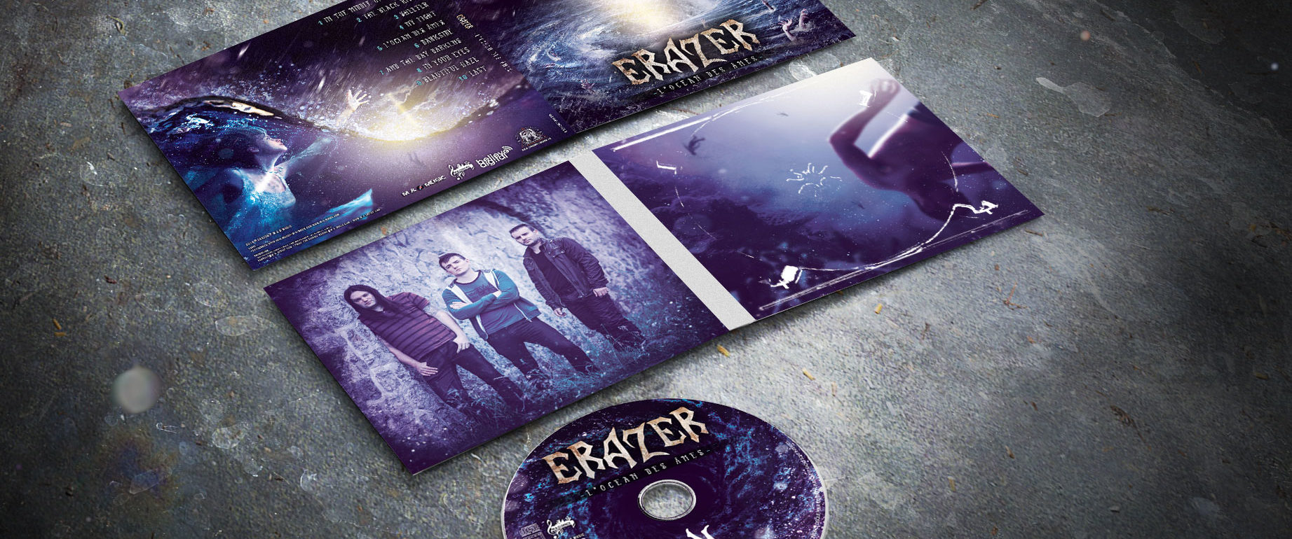 artwork complet illustration de l'ensemble du groupe de metal alternatif erazer pour l'album l'ocean des ames fait par le chromatorium