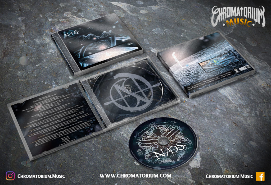 artwork-album-metal-melodic-naos-life-chromatorium-music-graphiste-design artwork complet illustration de l'ensemble du groupe de metal melodic naos pour l'album life fait par le chromatorium