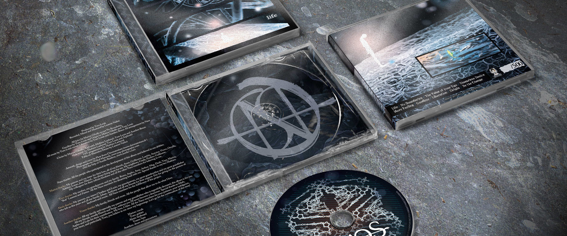 artwork complet illustration de l'ensemble du groupe de metal melodic naos pour l'album life fait par le chromatorium