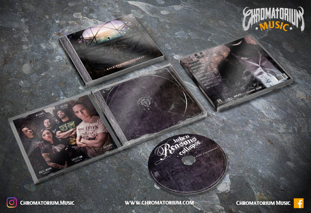 artwork-album-metal-melodic-deathcore-when-reasons-collapse-dark-passenger-chromatorium-music-graphiste-design artwork complet illustration de l'ensemble du groupe de metal deathcore melodic when reasons collapse pour l'album dark passengers fait par le chromatorium