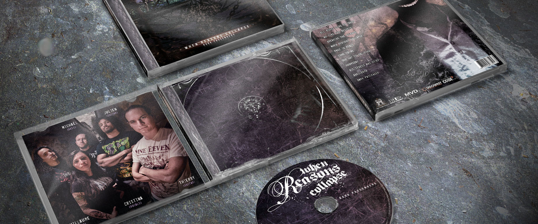 artwork complet illustration de l'ensemble du groupe de metal deathcore melodic when reasons collapse pour l'album dark passengers fait par le chromatorium