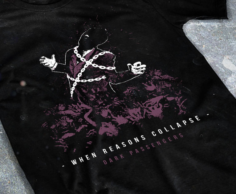 merchandising clothing du t-shirt noir du groupe de metal melodic deathcore when reasons collapse pour l'album dark passengers fait par le chromatorium