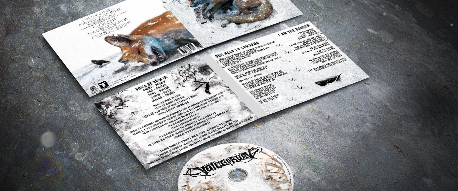 artwork complet illustration de l'ensemble du groupe de metal thrash death voice of ruin pour l'album consumed fait par le chromatorium