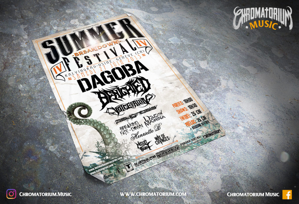 artwork-affiche-metal-prog-black-death-summer-breakdown-festival-chromatorium-music-graphiste-design artwork illustration de la cover du festival summer break down de black death metal en suisse fait par le chromatorium