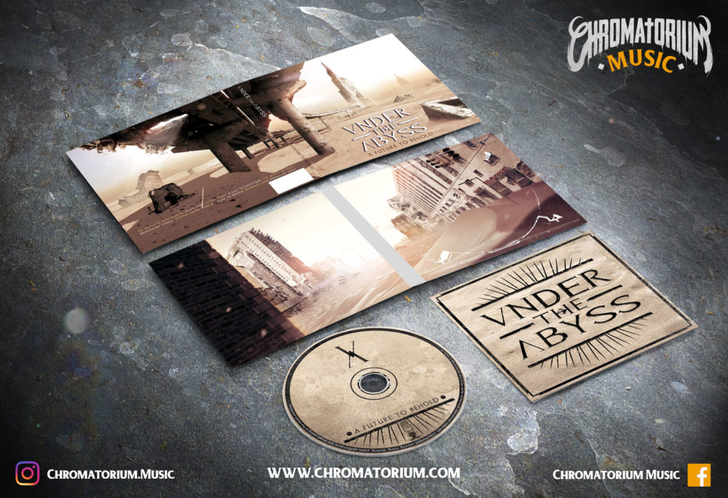 artwork-album-metal-thrash-under-the-abyss-future-to-behold-chromatorium-music-graphiste-design artwork complet illustration de l'ensemble du groupe de metal thrash under the abyss pour l'album a future to behold fait par le chromatorium