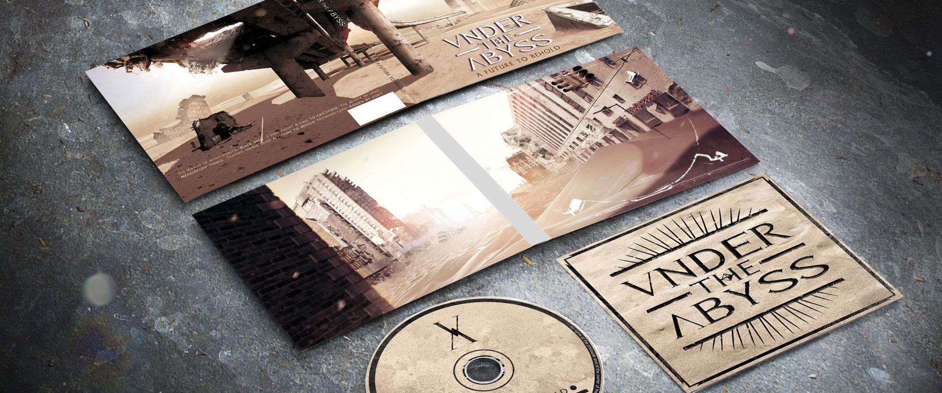 artwork complet illustration de l'ensemble du groupe de metal thrash under the abyss pour l'album a future to behold fait par le chromatorium