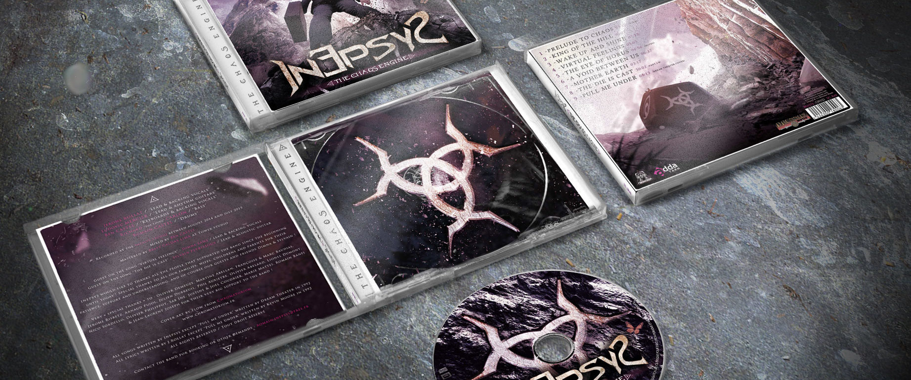 artwork complet illustration de l'ensemble du groupe de metal prog inepsys pour l'album the chaos engine fait par le chromatorium