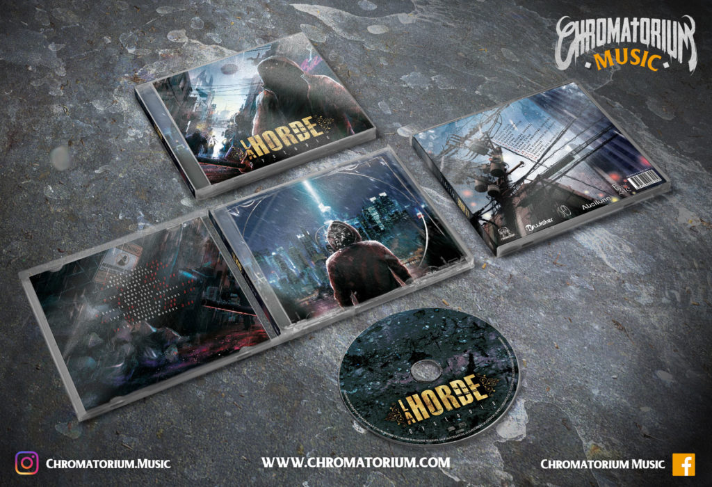 artwork-album-metal-thrashcore-la-horde-dystopie-chromatorium-music-graphiste-design artwork complet illustration de l'ensemble du groupe de metal thrashcore la horde pour l'album dystopie fait par le chromatorium