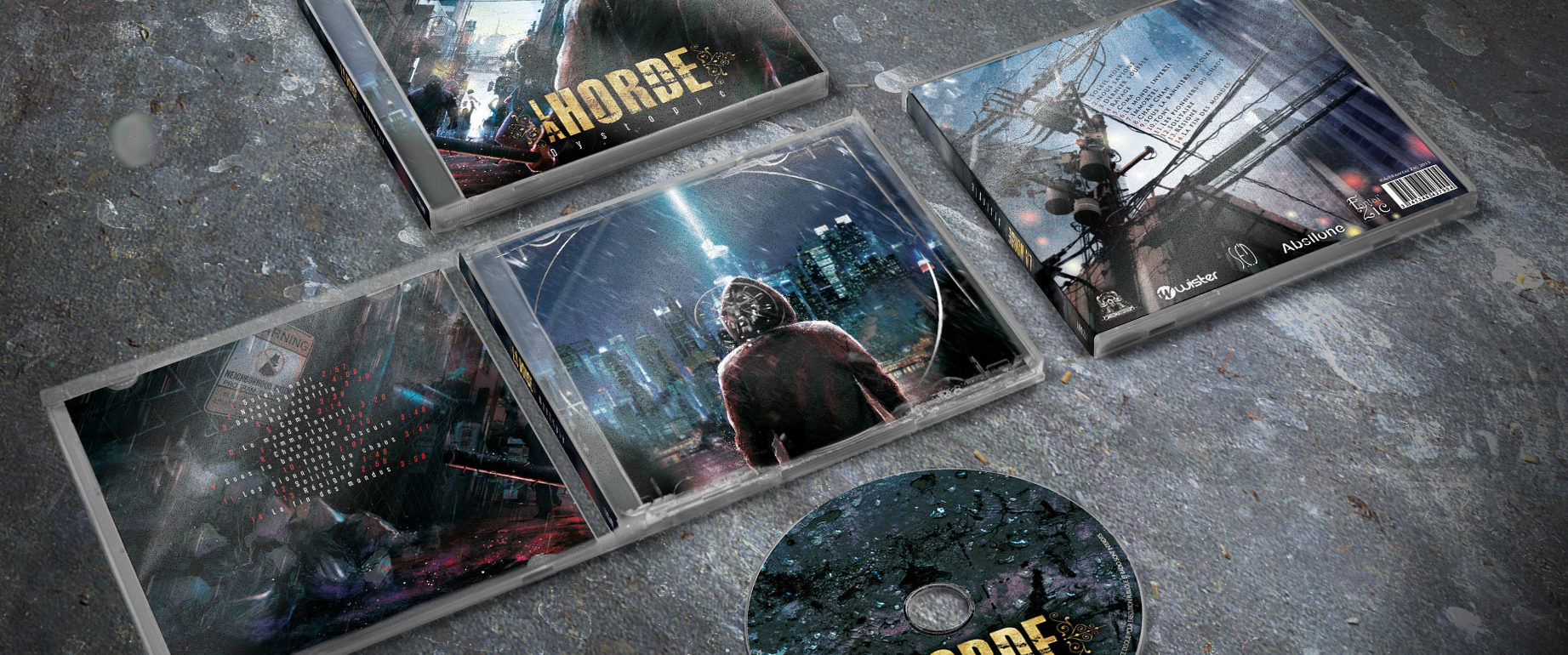 artwork complet illustration de l'ensemble du groupe de metal thrashcore la horde pour l'album dystopie fait par le chromatorium