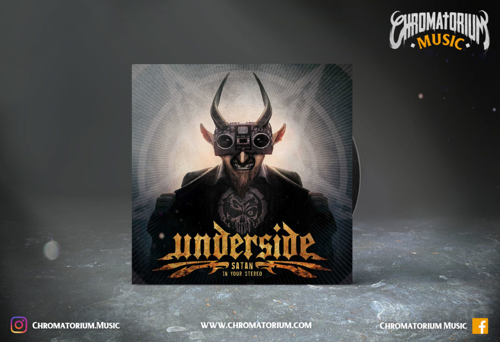 artwork-album-metal-alternatif-underside-satan-in-your-stero-chromatorium-music-graphiste-design artwork illustration de la cover du groupe de metal népalais underside pour l'album satan in your stereo fait par le chromatorium