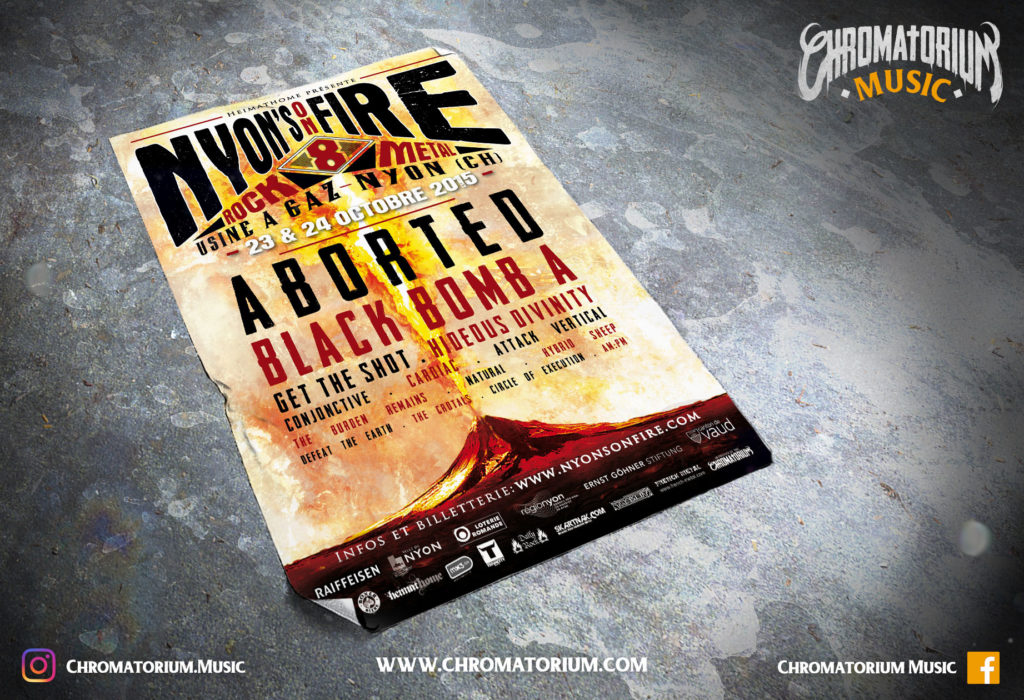 artwork-affiche-metal-prog-black-death-nyon-on-fire-festival-chromatorium-music-graphiste-design artwork illustration de la cover du festival nyon is on fire de black death metal en suisse fait par le chromatorium