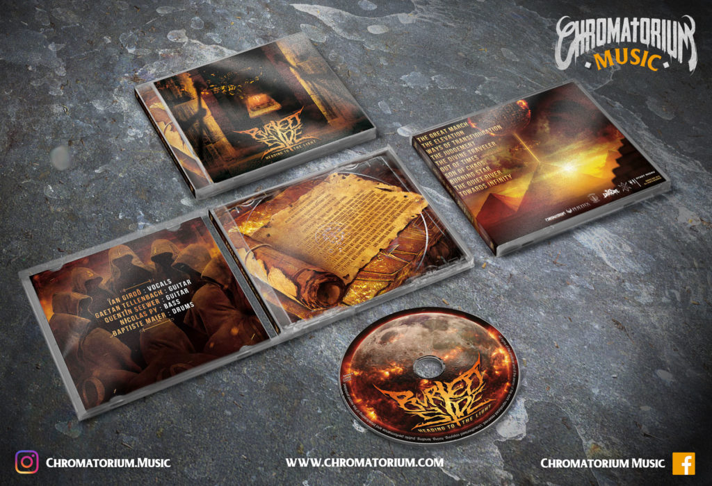 artwork-album-metal-deathcore-buried-side-heading-to-the-light-chromatorium-music-graphiste-design artwork complet illustration de l'ensemble du groupe de metal deathcore buried side pour l'album heading to the light fait par le chromatorium