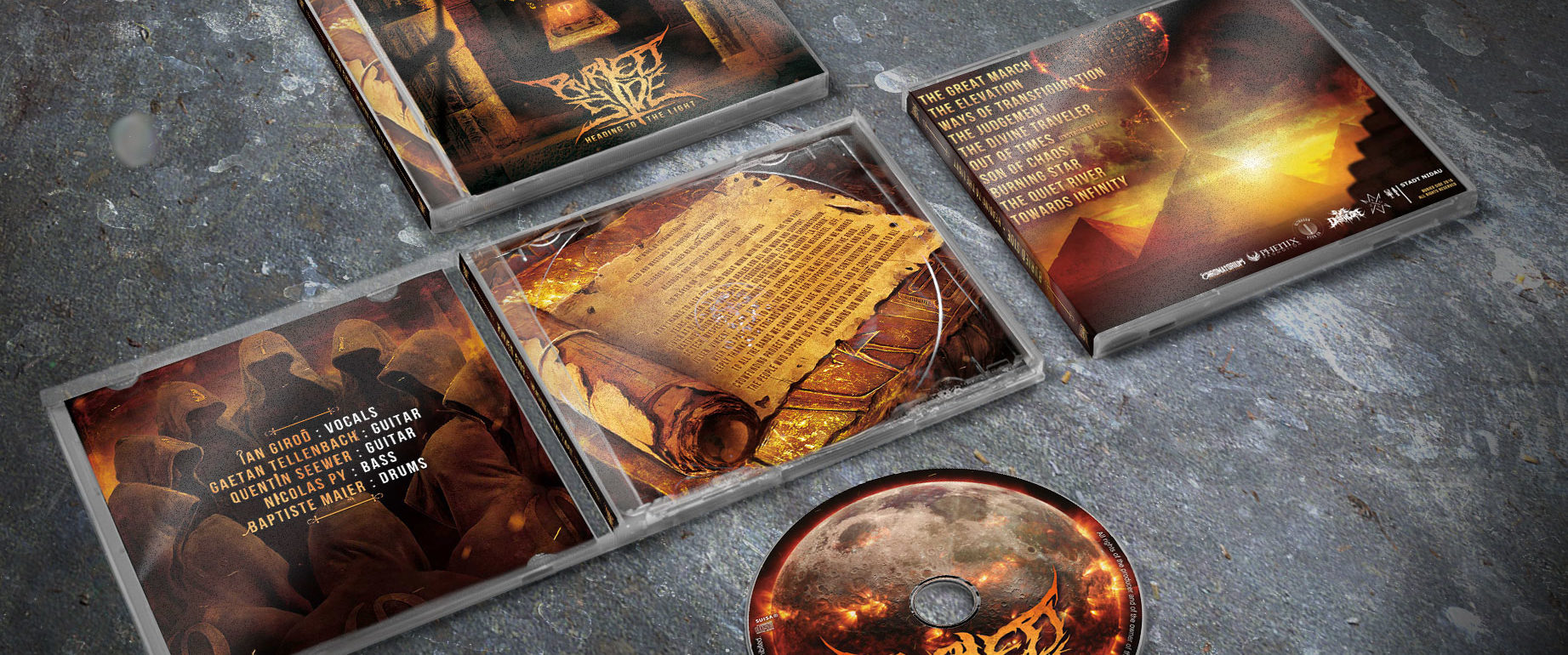 artwork complet illustration de l'ensemble du groupe de metal deathcore buried side pour l'album heading to the light fait par le chromatorium