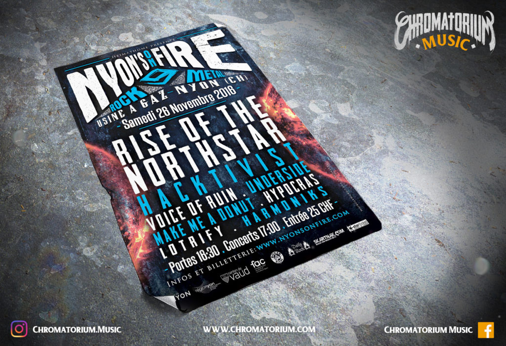 artwork-affiche-metal-black-death-prog-nyon-on-fire-festival-chromatorium-music-graphiste-design artwork illustration de la cover du festival nyon is on fire de black death metal en suisse fait par le chromatorium