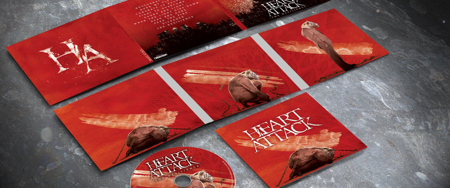 artwork complet illustration de l'ensemble du groupe de metal thrash heart attack pour l'album the resilience fait par le chromatorium