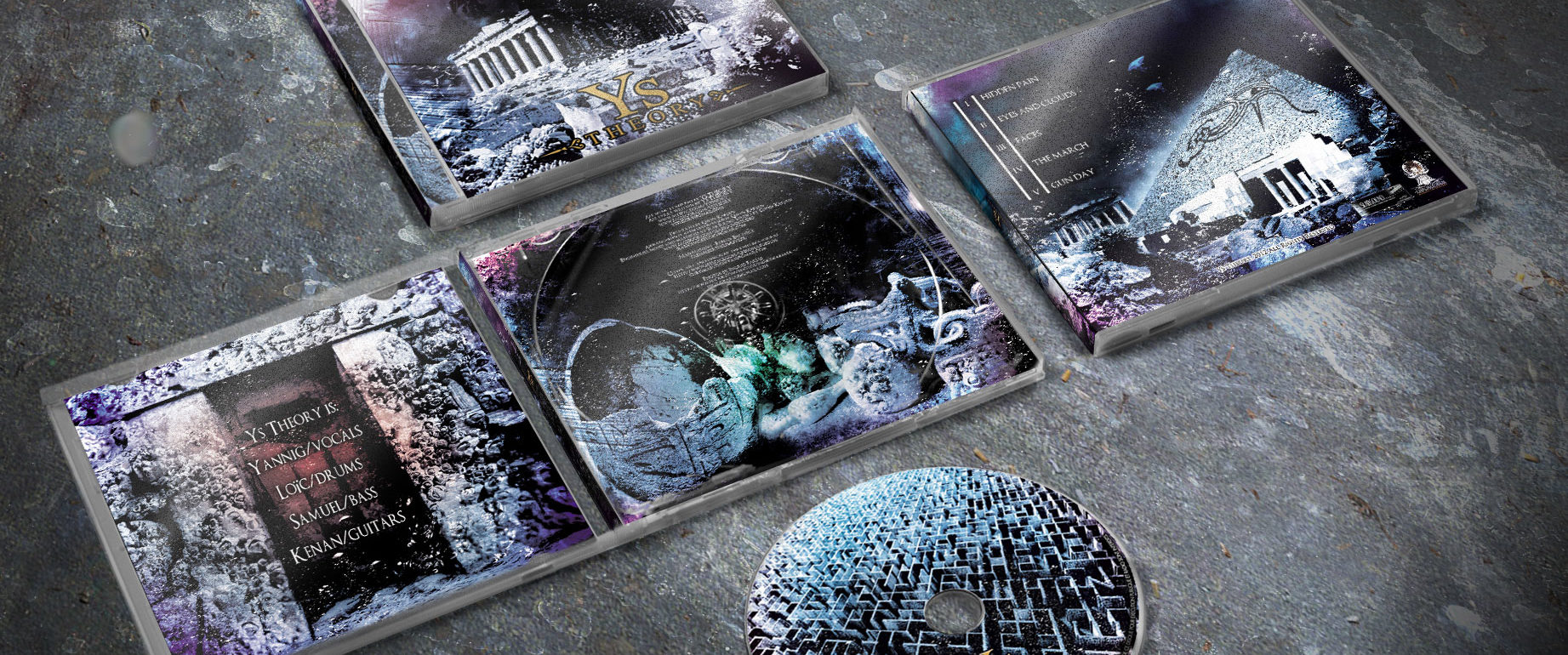 artwork complet illustration de l'ensemble du groupe de metal death ys theory pour l'album fait par le chromatorium