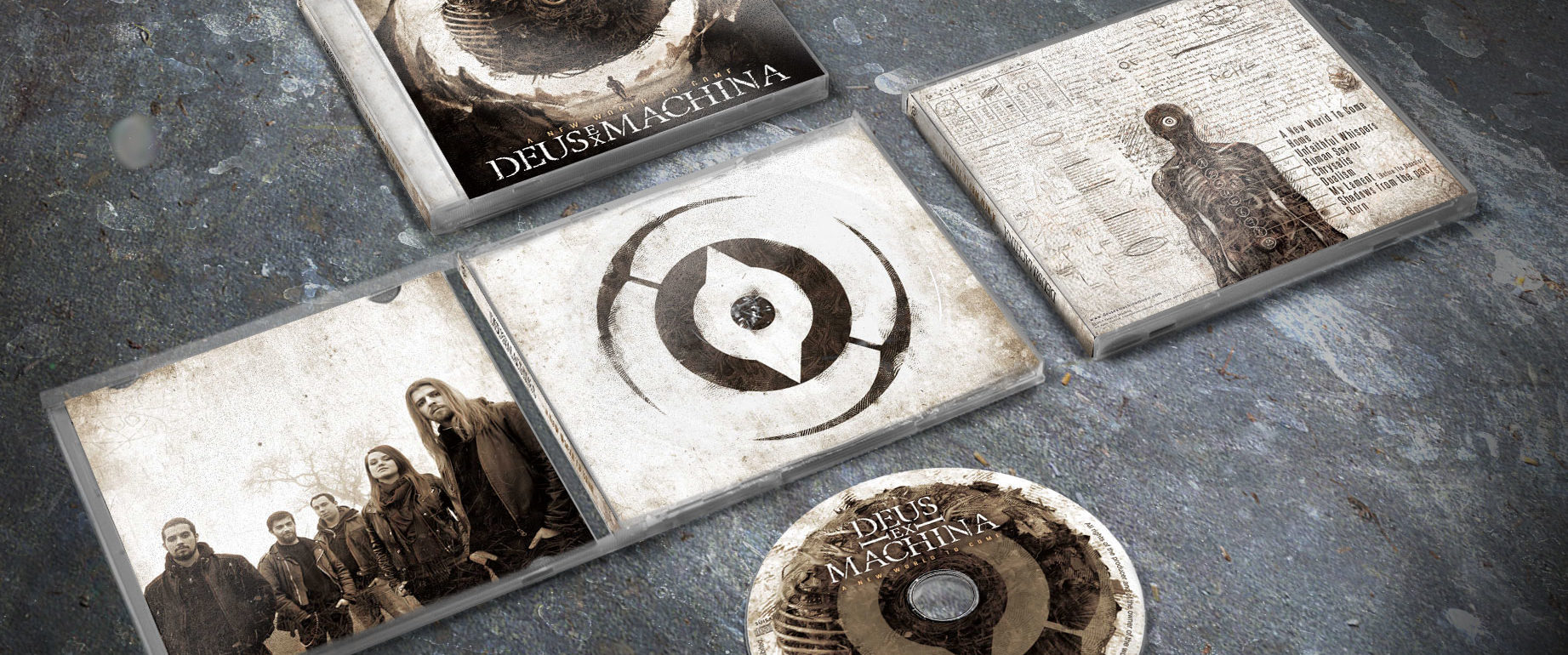 artwork complet illustration de l'ensemble du groupe de metal modern melodic kassogtha pour l'album a new world to come fait par le chromatorium