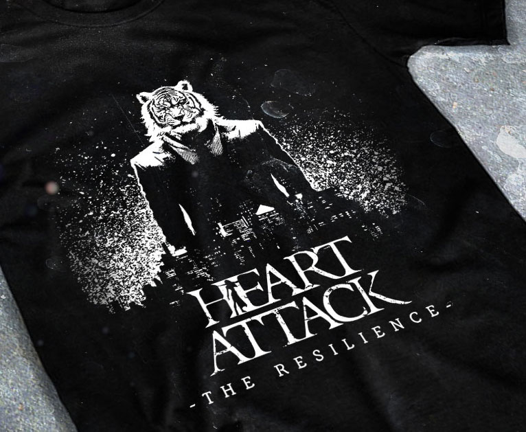 artwork-merch-metal-thrash-heart-attack-chromatorium-music-graphiste-design merchandising clothing du t-shirt noir du groupe de metal thrash heart attack pour l'album the resilience fait par le chromatorium