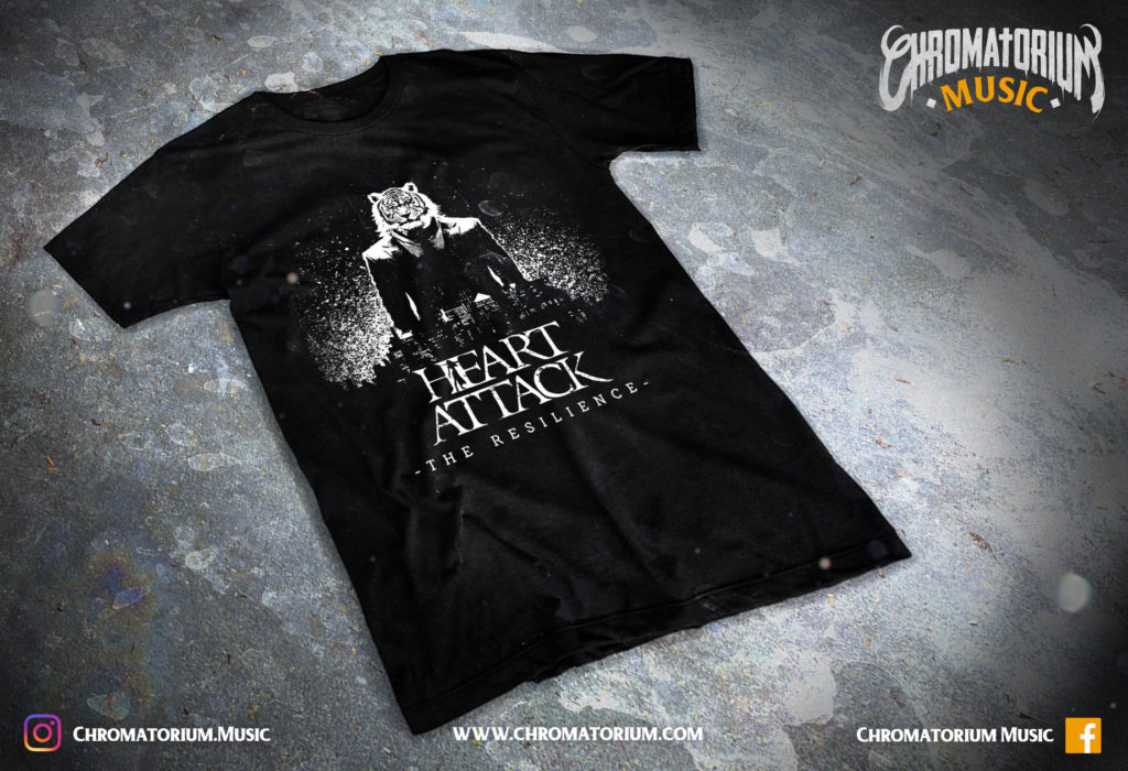 artwork-merch-metal-thrash-heart-attack-chromatorium-music-graphiste-design merchandising clothing du t-shirt noir du groupe de metal thrash heart attack pour l'album the resilience fait par le chromatorium