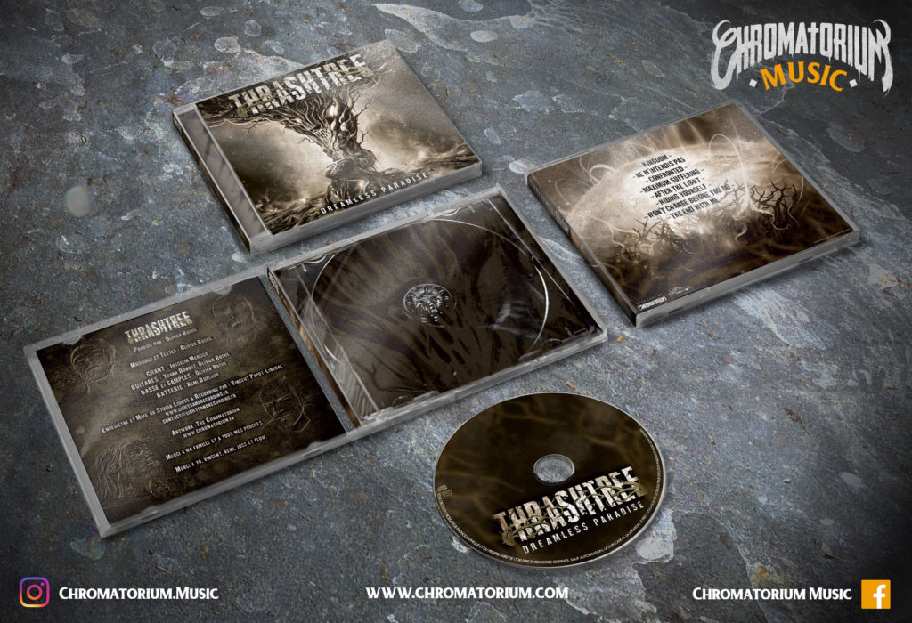 artwork-album-metal-thrash-thrashtree-dreamless-paradise-chromatorium-music-graphiste-design artwork complet illustration de l'ensemble du groupe de metal thrash thrashtree pour l'album dreamless paradise fait par le chromatorium