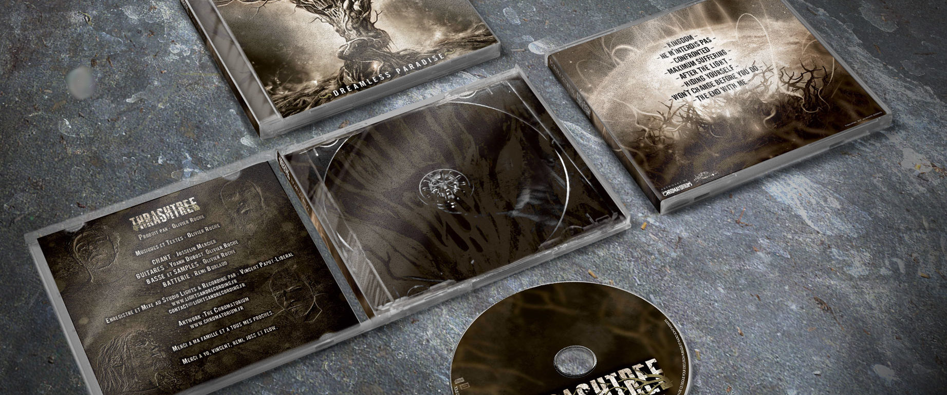 artwork complet illustration de l'ensemble du groupe de metal thrash thrashtree pour l'album dreamless paradise fait par le chromatorium