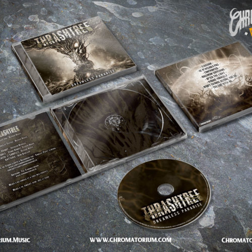 artwork complet illustration de l'ensemble du groupe de metal thrash thrashtree pour l'album dreamless paradise fait par le chromatorium