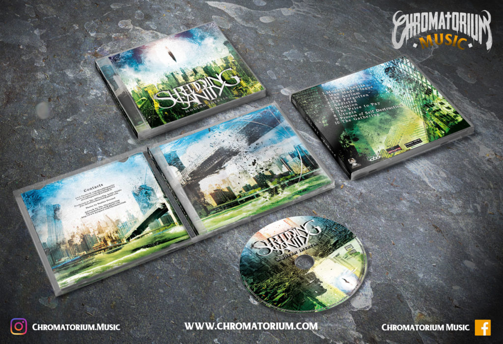 artwork-album-metal-melodic-death-shredding-sanity-modern-inertia-chromatorium-music-graphiste-design artwork complet illustration de l'ensemble du groupe de metal melodic death shredding sanity pour l'album modern inertia fait par le chromatorium