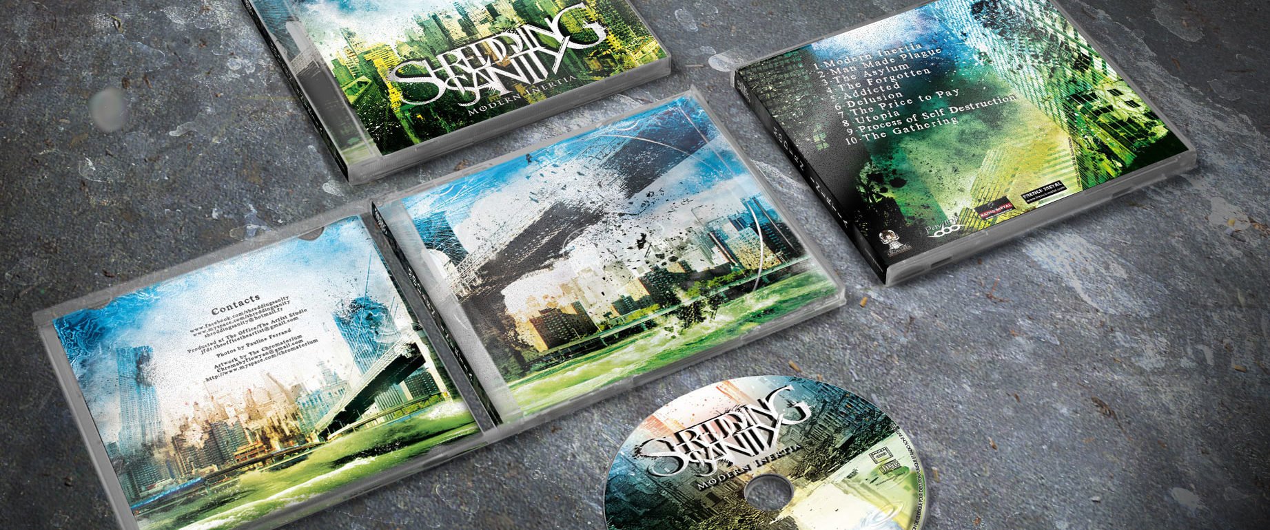 artwork complet illustration de l'ensemble du groupe de metal melodic death shredding sanity pour l'album modern inertia fait par le chromatorium