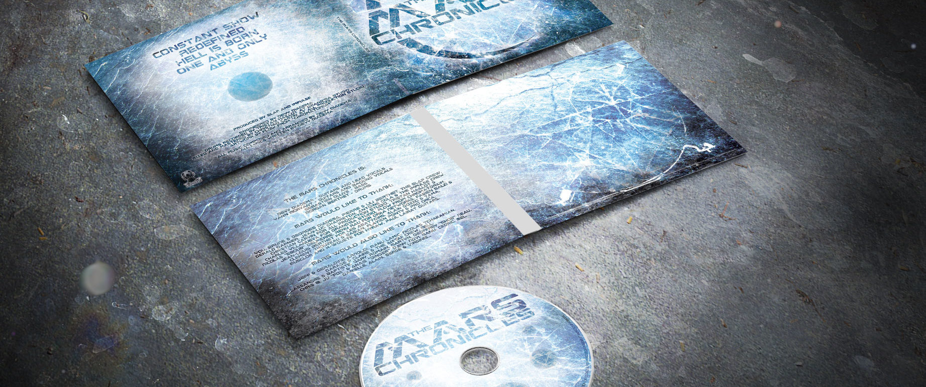 artwork complet illustration de l'ensemble du groupe de metal alternatif the mars chronicles pour l'album fait par le chromatorium